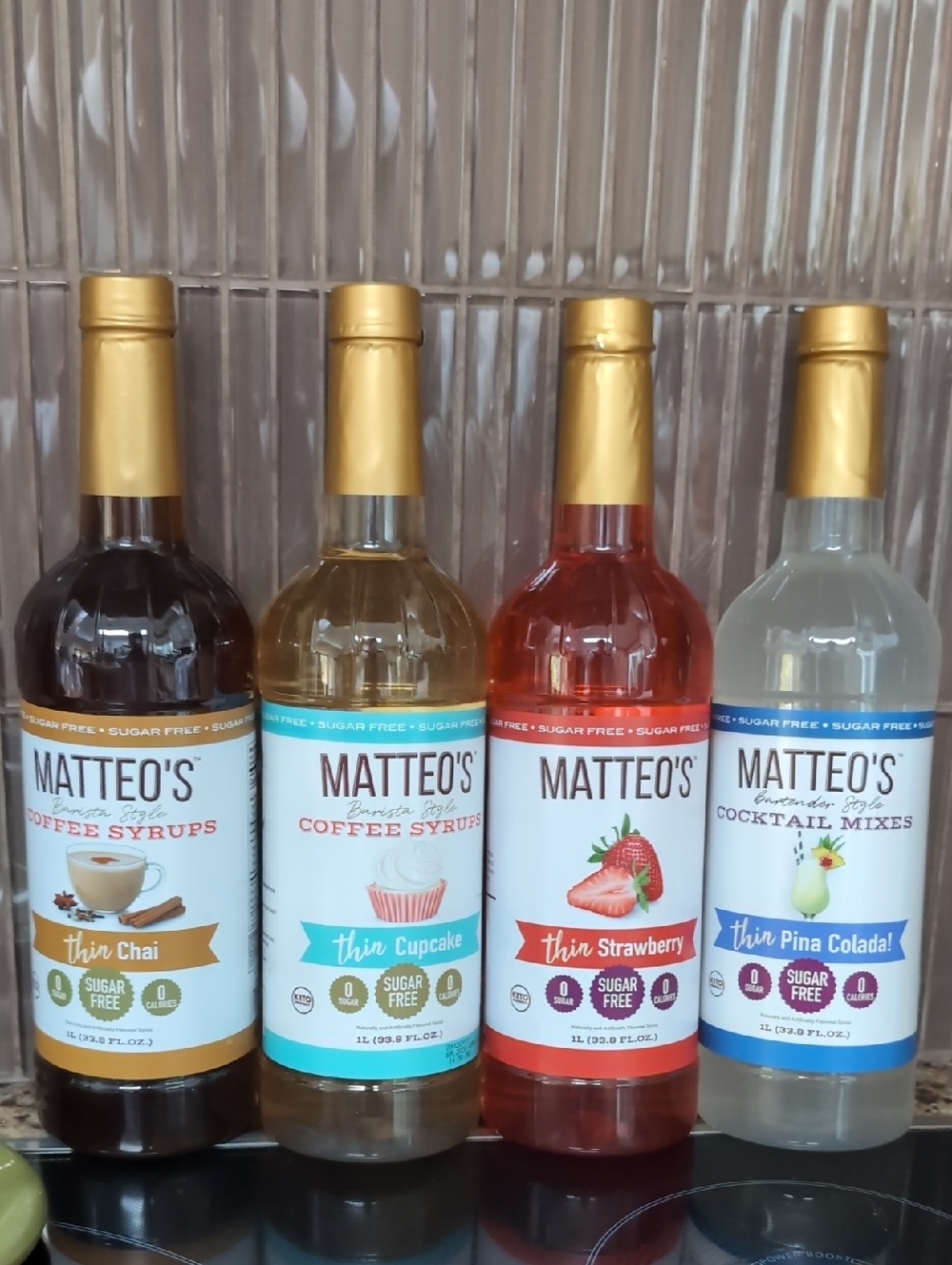 Matteo's Thin Variety Syrup Pack - Chai, Cupcake, Strawberry, Piña Colada NEW